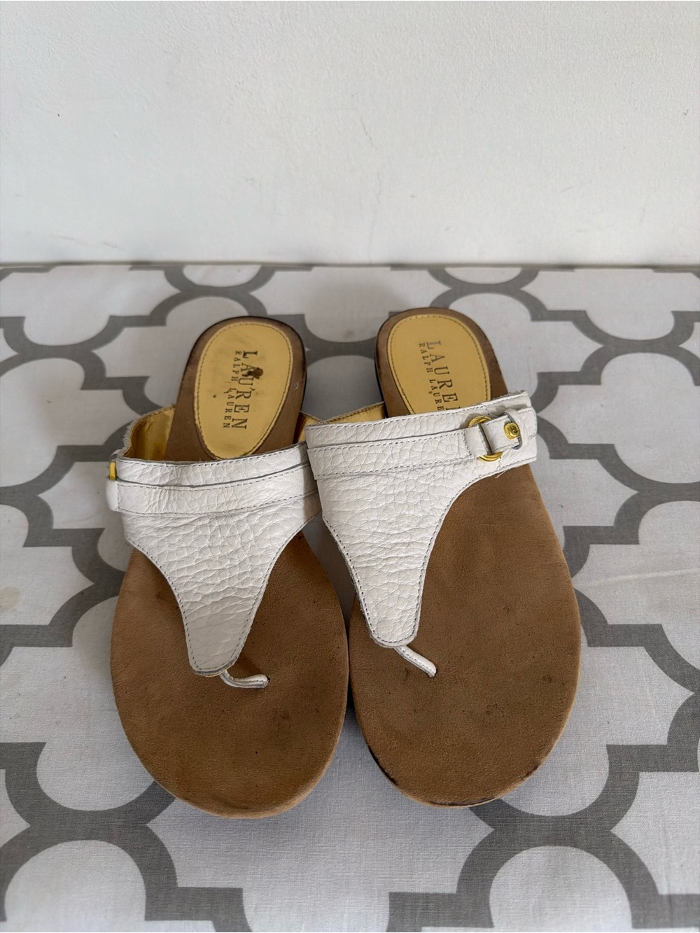 LAUREN Ralph Lauren White Leather Thong Sandals with Gold Accent